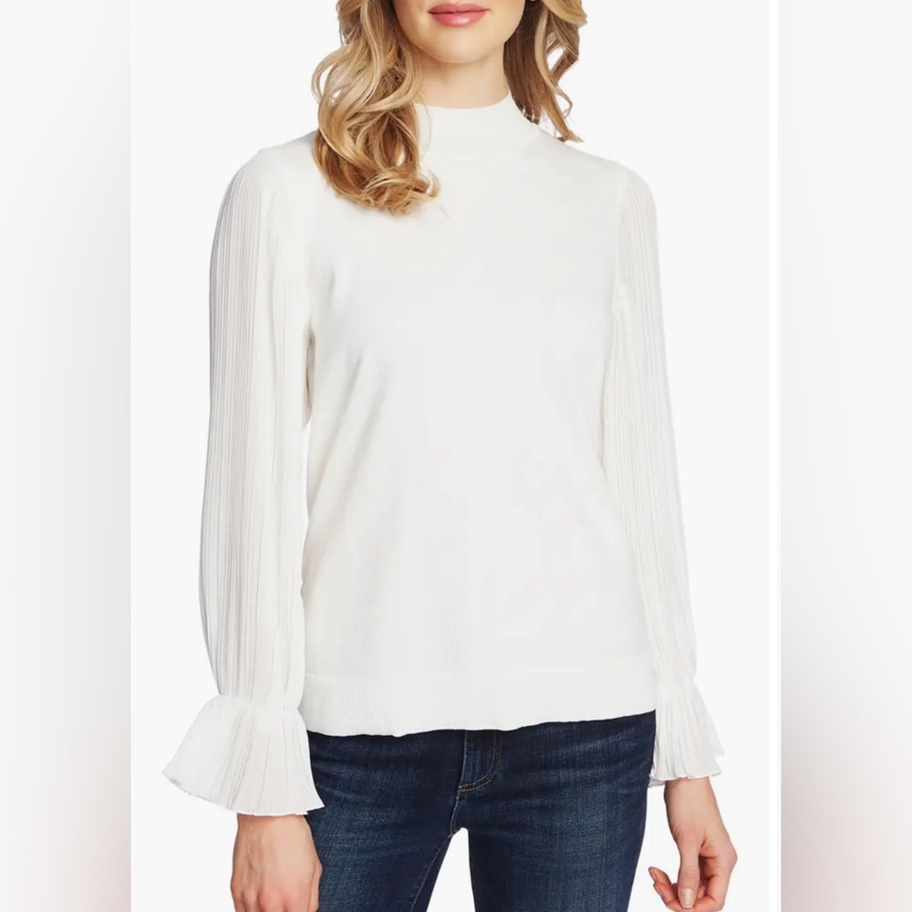 CeCe NWT $89 Pleated‎ Sheer Sleeves Mock Neck Sweater White Medium 8 10 NEW Soft